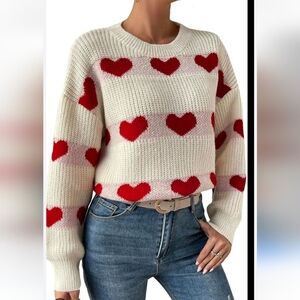Jessica Simpson White and Red Heart Sweater Boxy Fit Balloon Sleeve